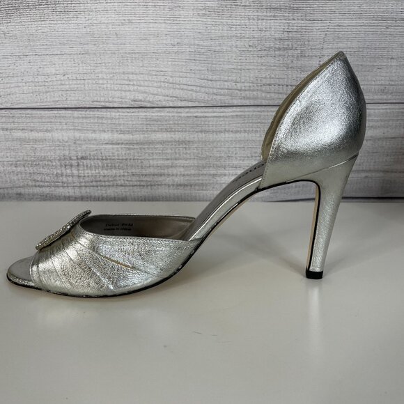 J. Renee Heels Y2K Metallic Peep Toe Heels 9.5 Silver HOCO Cocktail Formal 3.5" - Picture 4 of 12